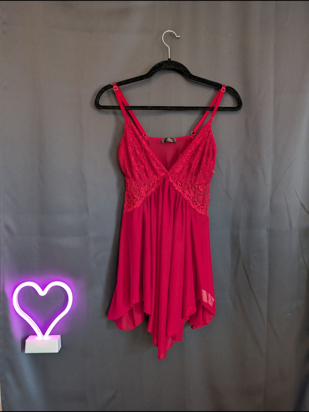 Women’s Lace-Trim Slip Dress in Red Lace Flowy High Low Sheer Babydoll